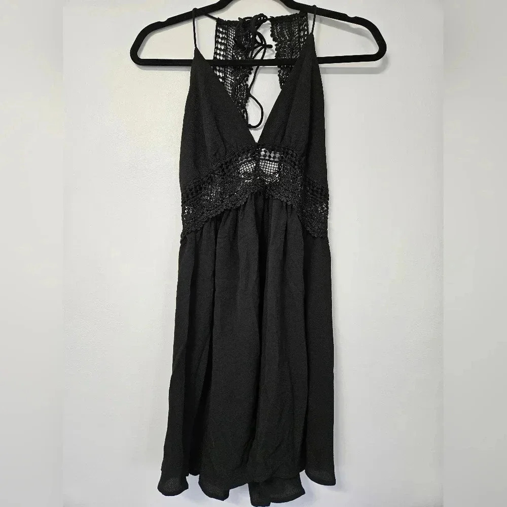 SHEIN Black Crochet Trim Halter Neck‎ Mini Dress XS NWOT
